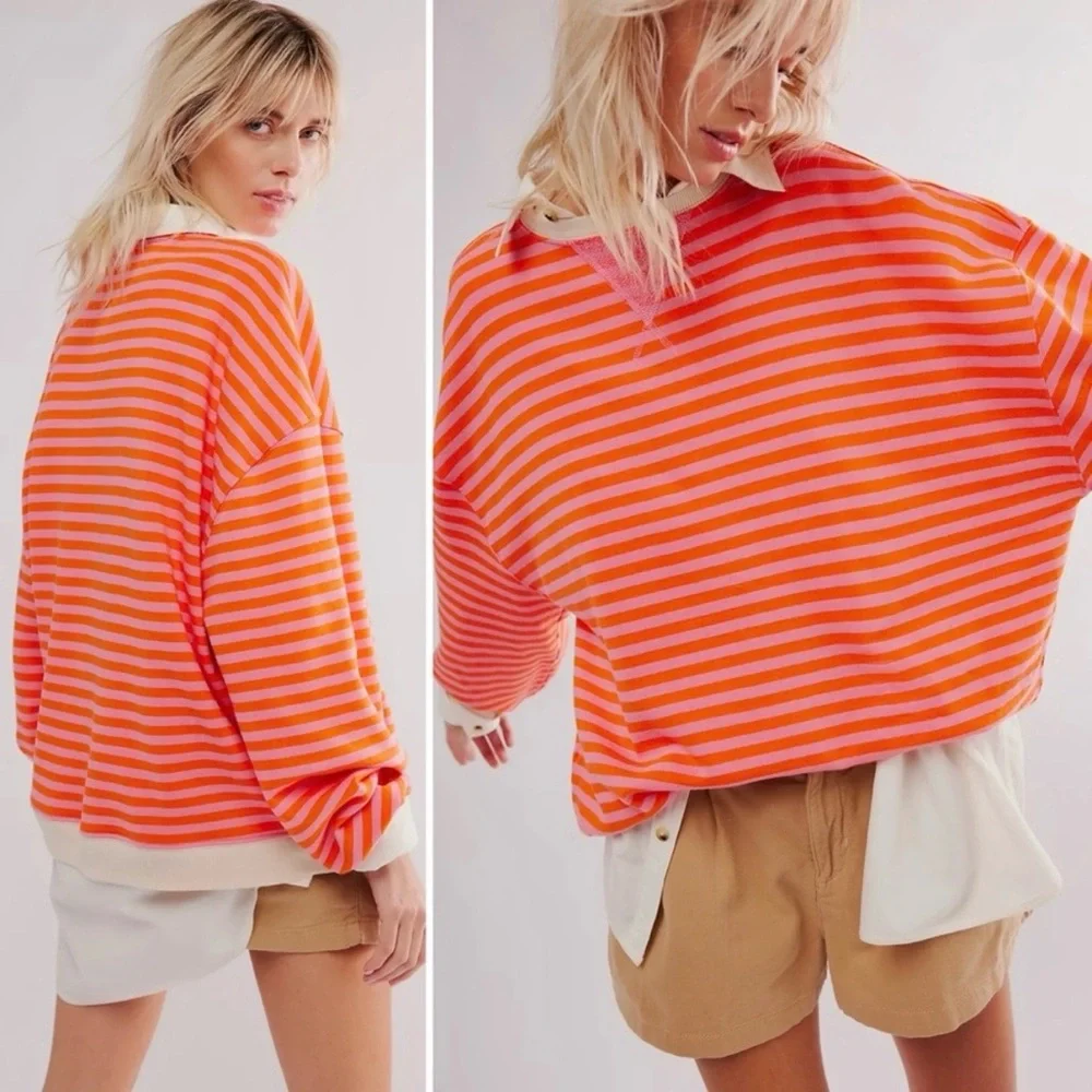 Free People We The Free Oversized Crew Neck Stripe Sweatshirt Papaya Pink Orange - Picture 2 of 10